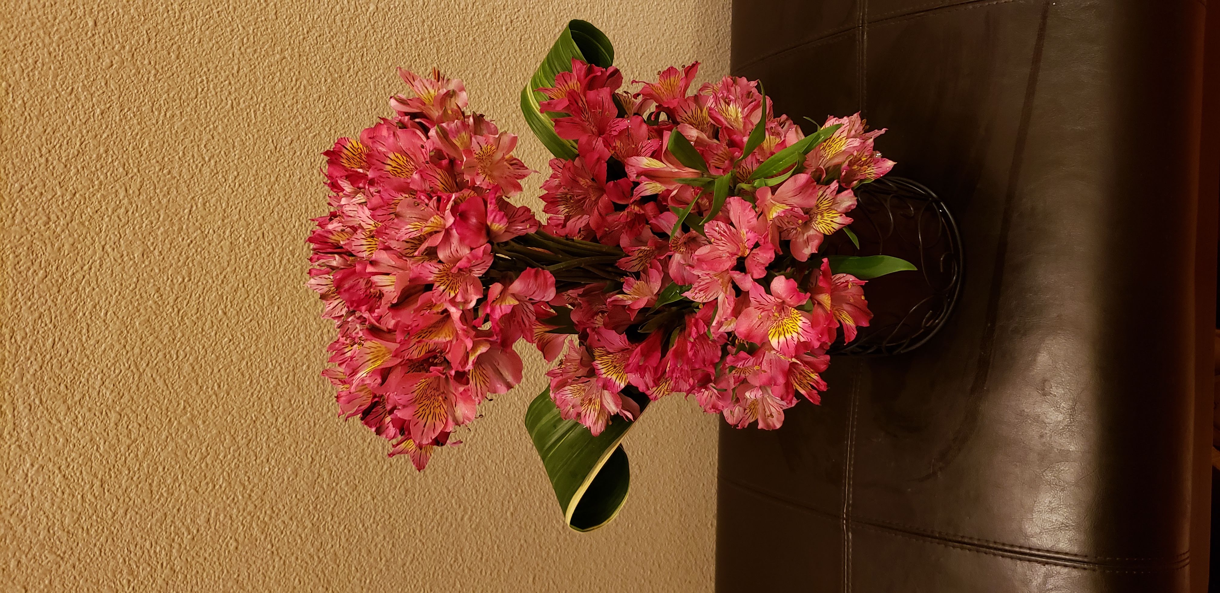 Dusky Pink Alstroemeria(Peruvian Lilies), Variegated Aspidistra, Metal Vase with Scrollwork